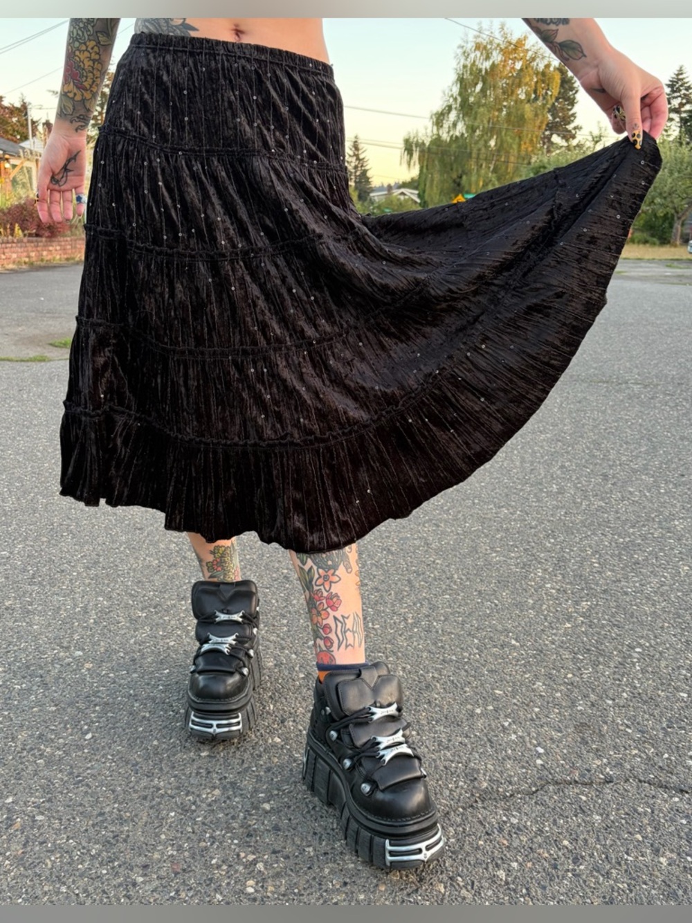 Vintage 90s Crushed Black Velvet Sequin Gothic Midi Skirt